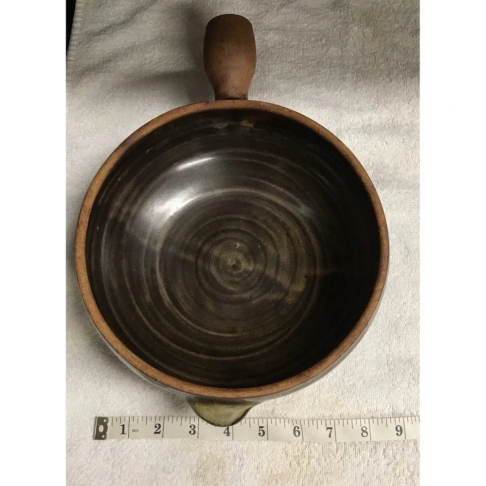 Stoneware Pottery Glazed Pot Bowl‎ with Handle Brown Tan Swirl